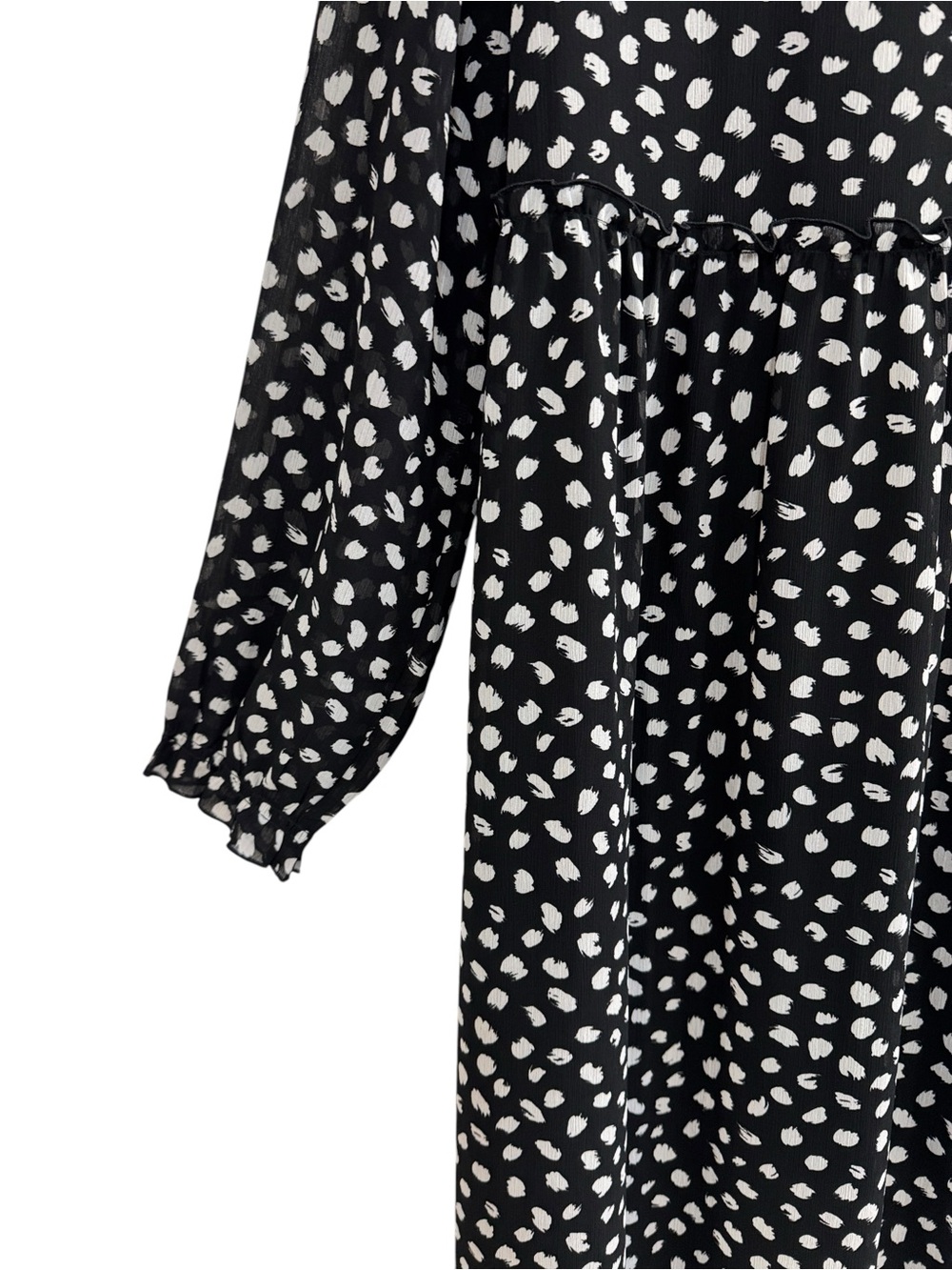 Crew Black & White Polka Dot Chiffon Midi Long Sleeve Tiered Ruffle Dress L - Picture 7 of 15
